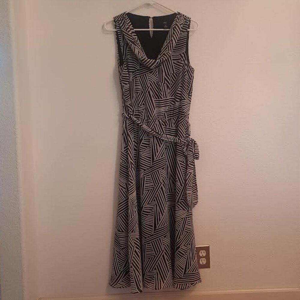 JBS WOMEN'S DRESS BLACK WHITE SLEEVELESS DRAPE NECK TIE BELT LINED SIZE 10